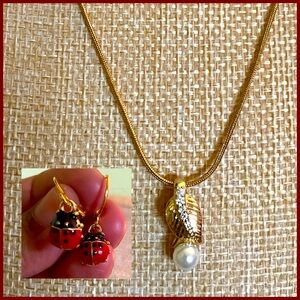 Elegant Gold Necklace with Pearl Pendant and ladybird earrings